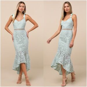 LULU’S Won Your Heart Sage Green Lace Tie-Strap High-Low Midi Dress